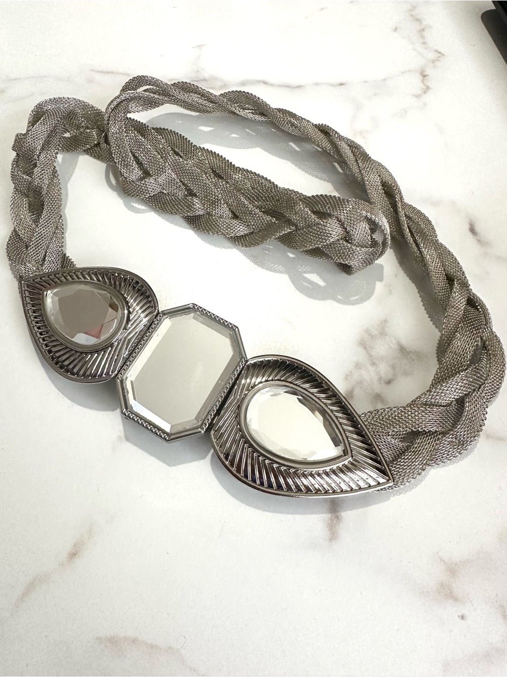 Vintage 80’s Mirrored Buckle Braided Chain Belt Adjustable Retro Maximalist Bold